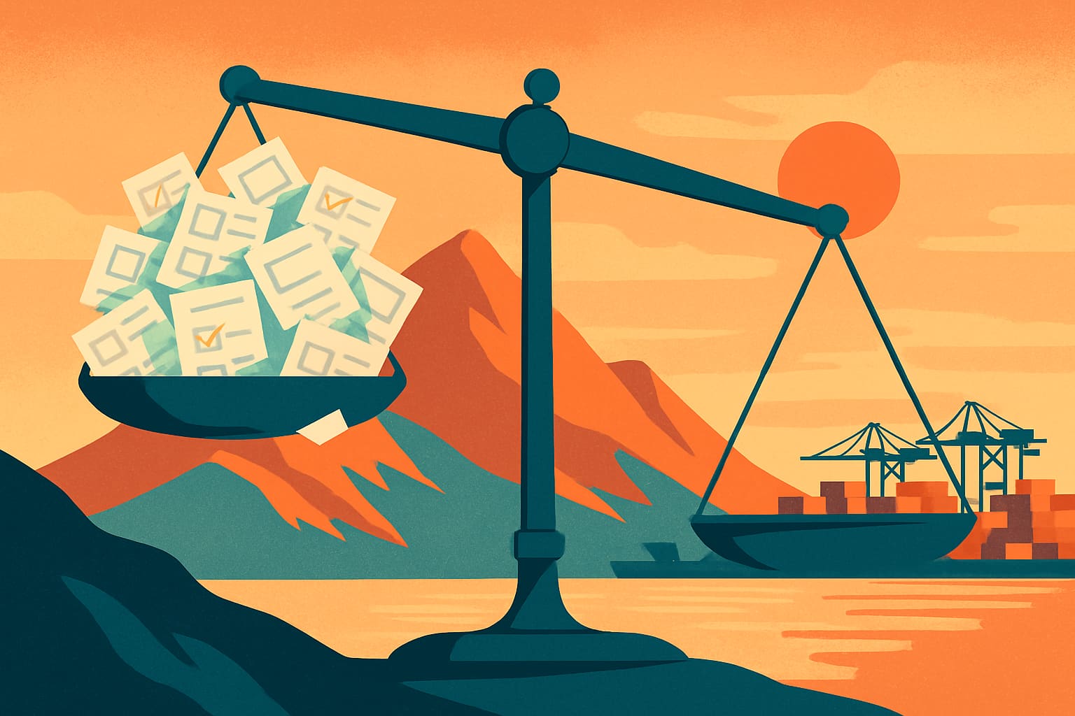 Ilustração editorial mostrando uma balança desequilibrada entre montanhas e um porto estilizado, representando o descompasso entre popularidade política e transferência de votos no Espírito Santo.