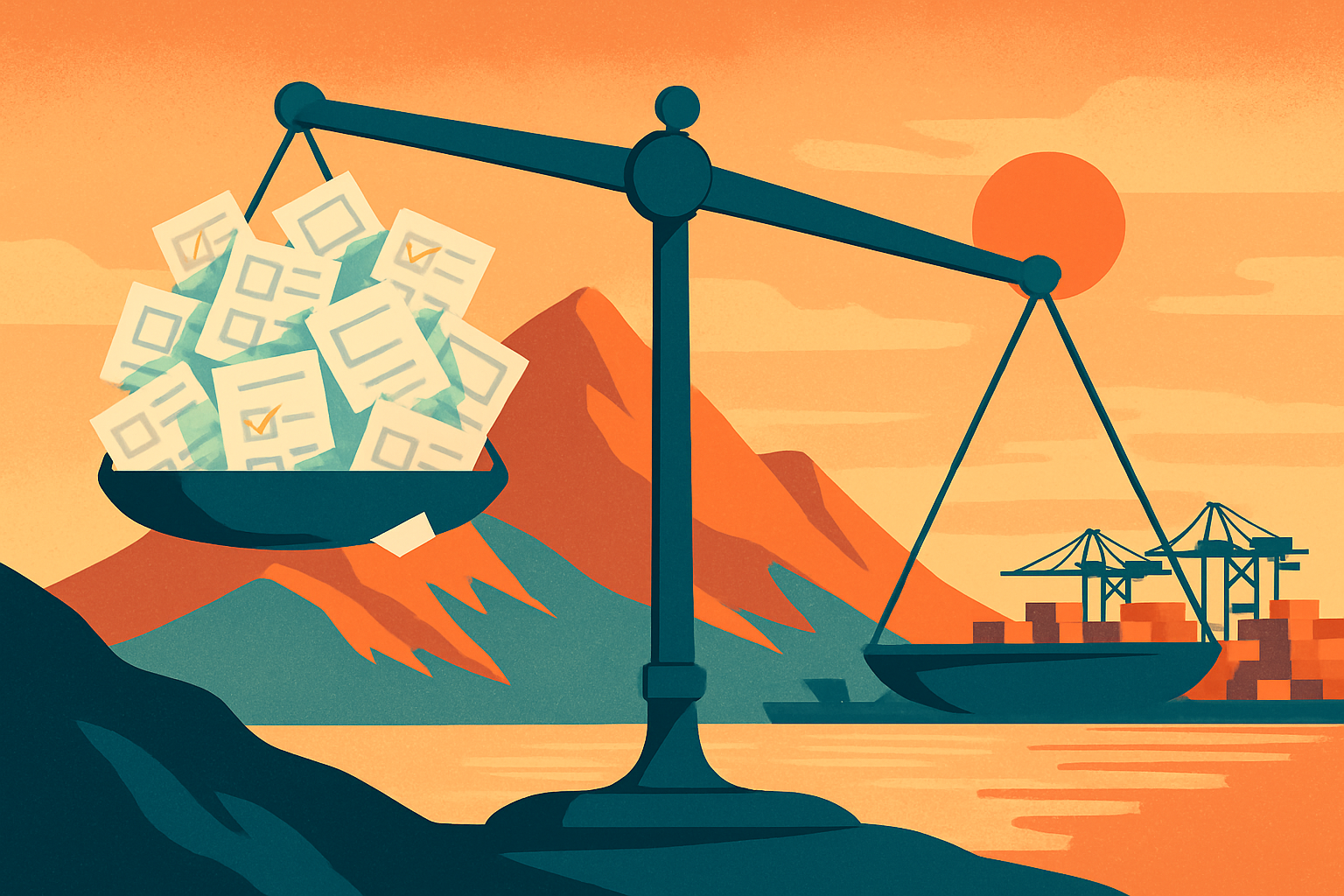 Ilustração editorial mostrando uma balança desequilibrada entre montanhas e um porto estilizado, representando o descompasso entre popularidade política e transferência de votos no Espírito Santo.