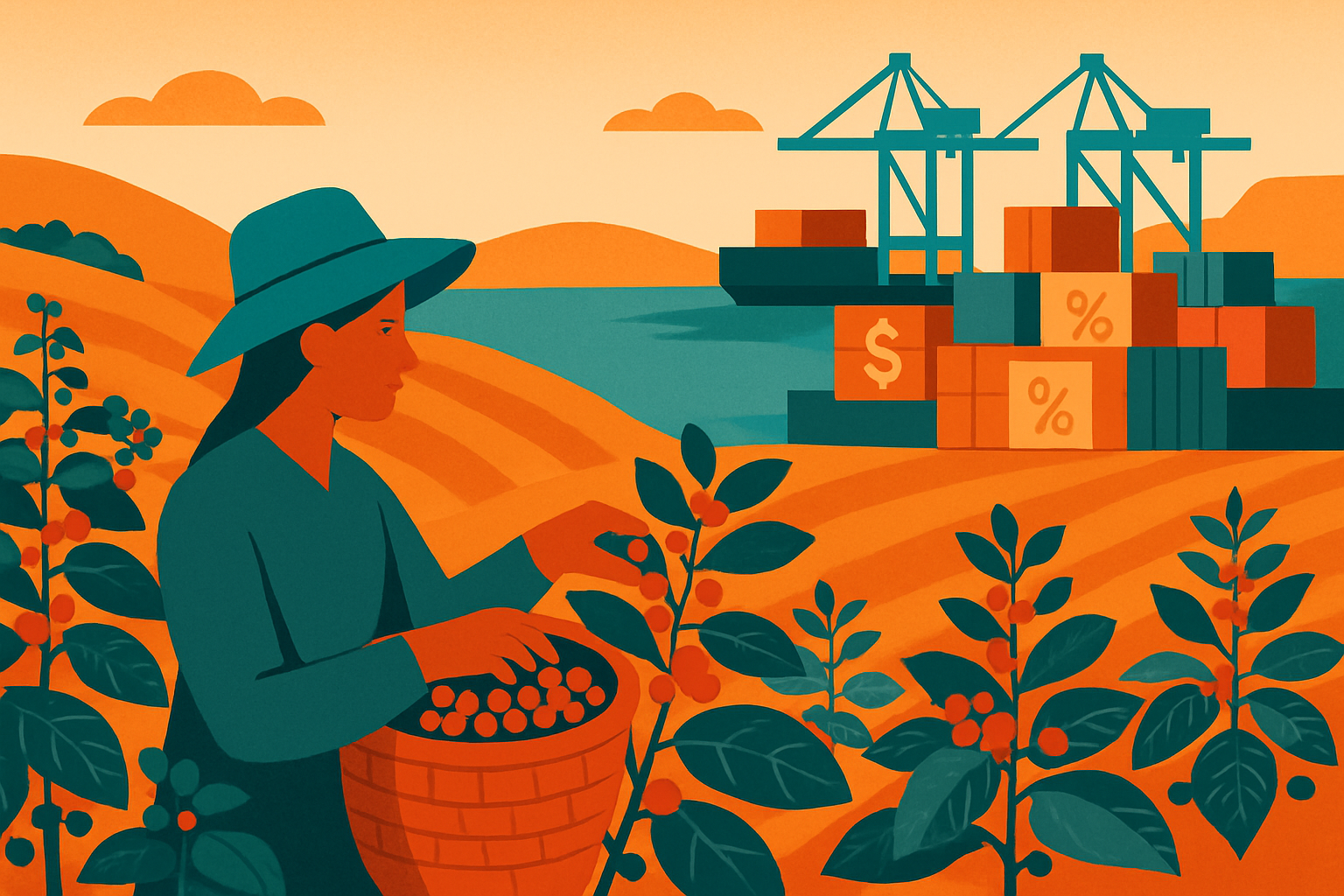 Ilustração editorial mostrando uma lavoura de café que se transforma em um porto com contêineres, representando os desafios do comércio exterior capixaba.