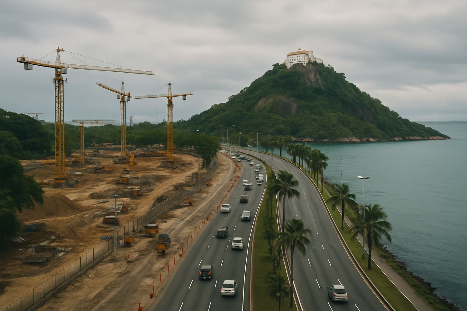 Vista aérea da orla de Vitória mostrando obras viárias próximas à baía, com o Convento da Penha ao fundo sob céu nublado.,