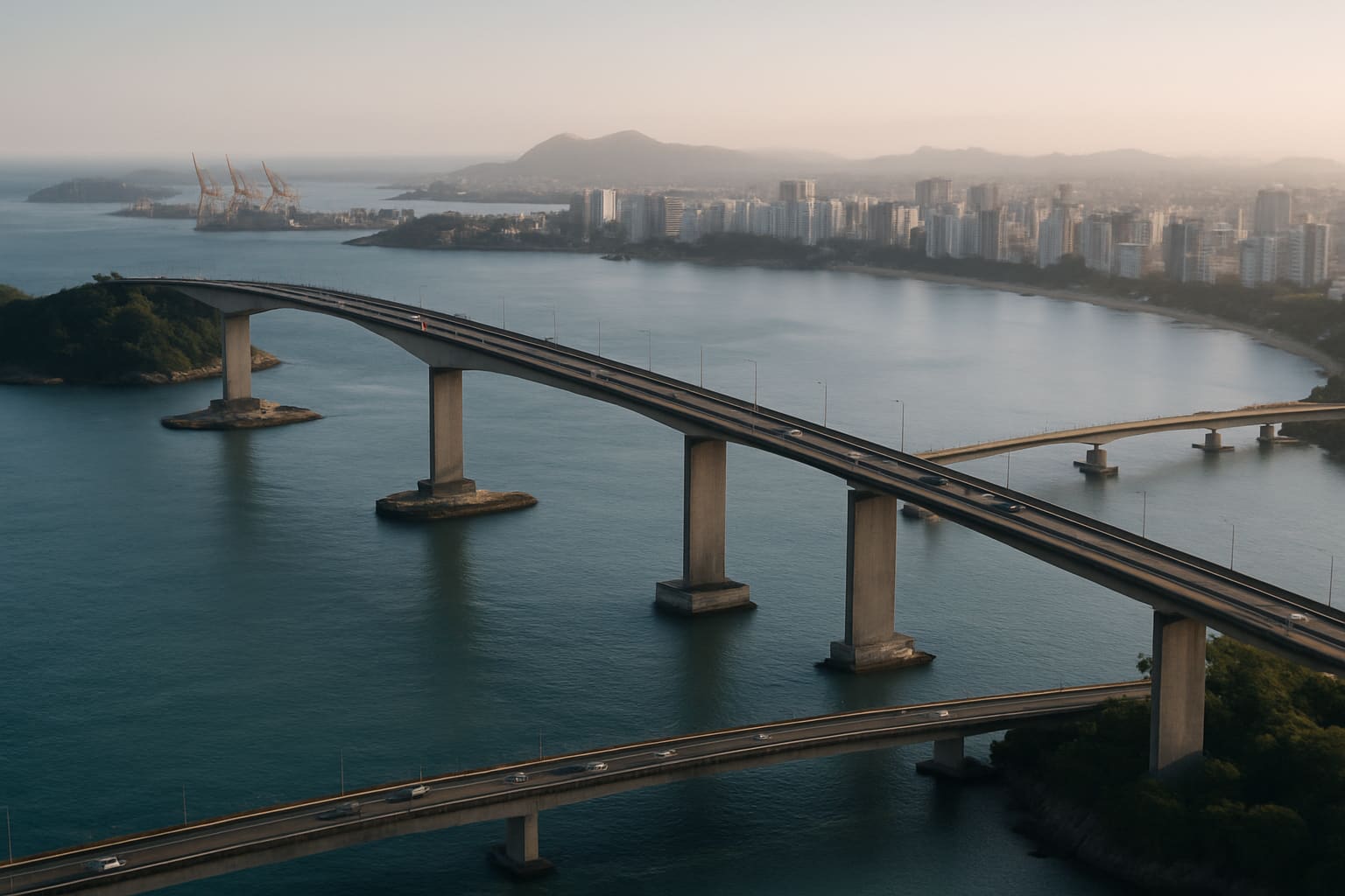 Vista aérea das pontes de Vitória com o porto ao fundo, simbolizando os dois ritmos da economia capixaba.