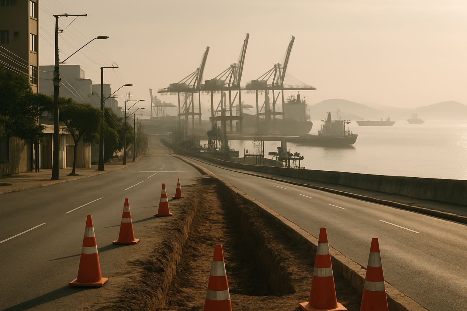 Vista aérea mostra contraste entre obras urbanas inacabadas e um porto industrial movimentado ao fundo, no Espírito Santo.