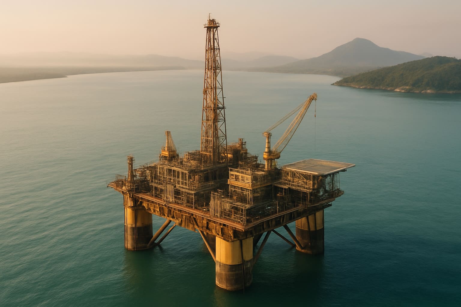 Vista aérea de uma estrutura de produção de petróleo no litoral sul do Espírito Santo, com mar calmo e colinas verdes ao fundo.