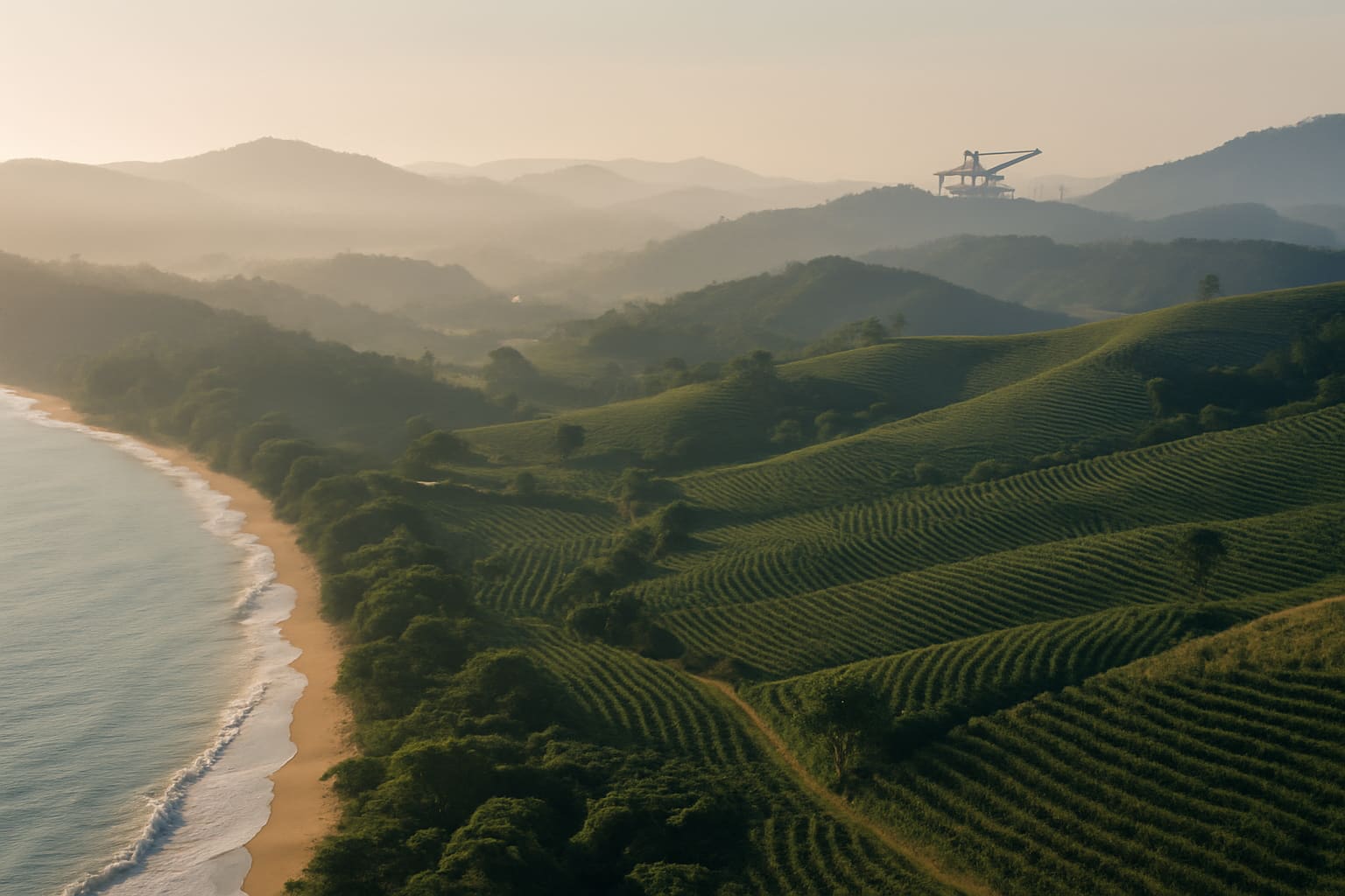 Vista aérea mostrando a transição entre o litoral capixaba e as montanhas do interior, simbolizando a mudança no eixo econômico do estado.