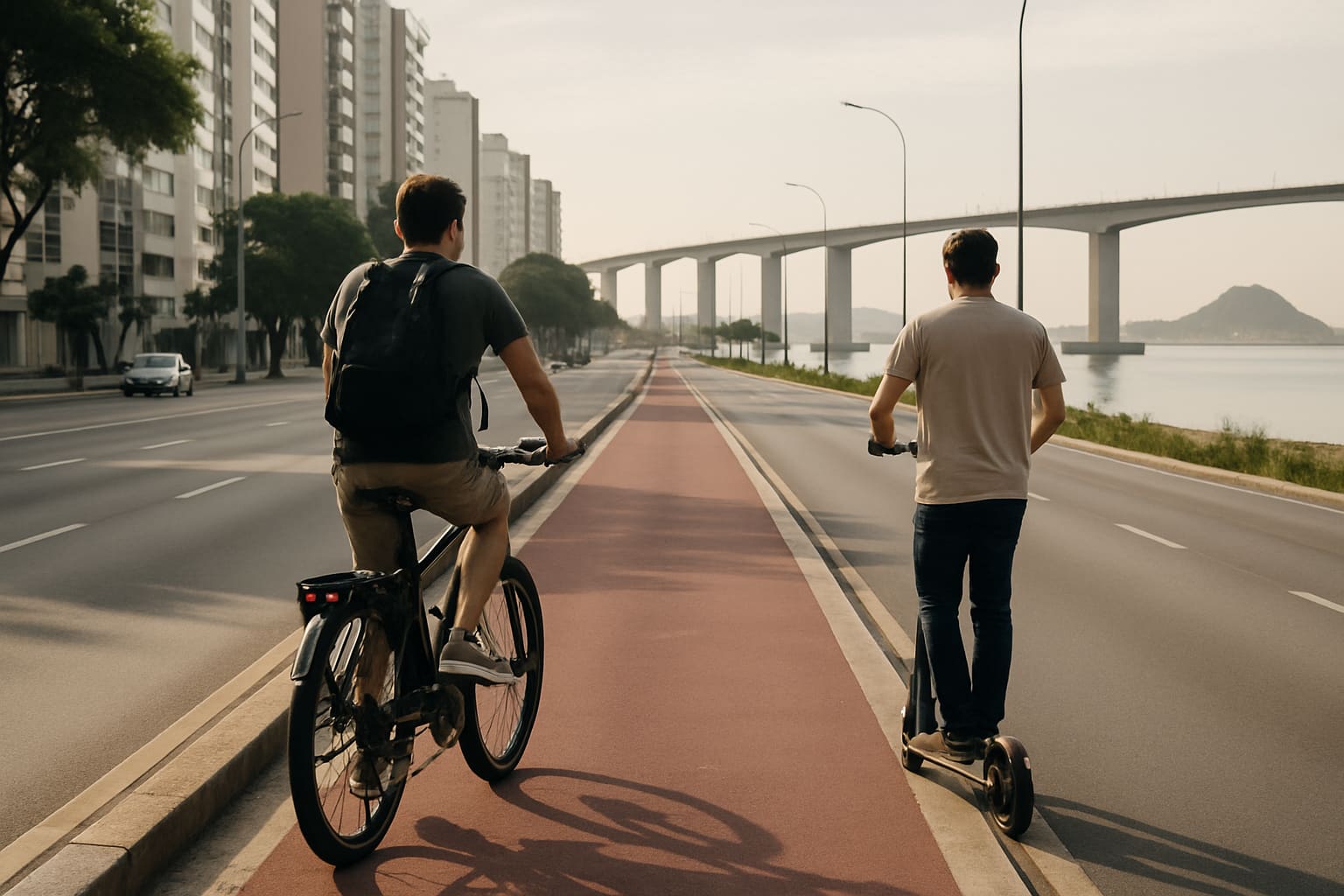 Ciclovia urbana em Vitória com bicicletas elétricas e a Terceira Ponte ao fundo sob luz da manhã.'}}