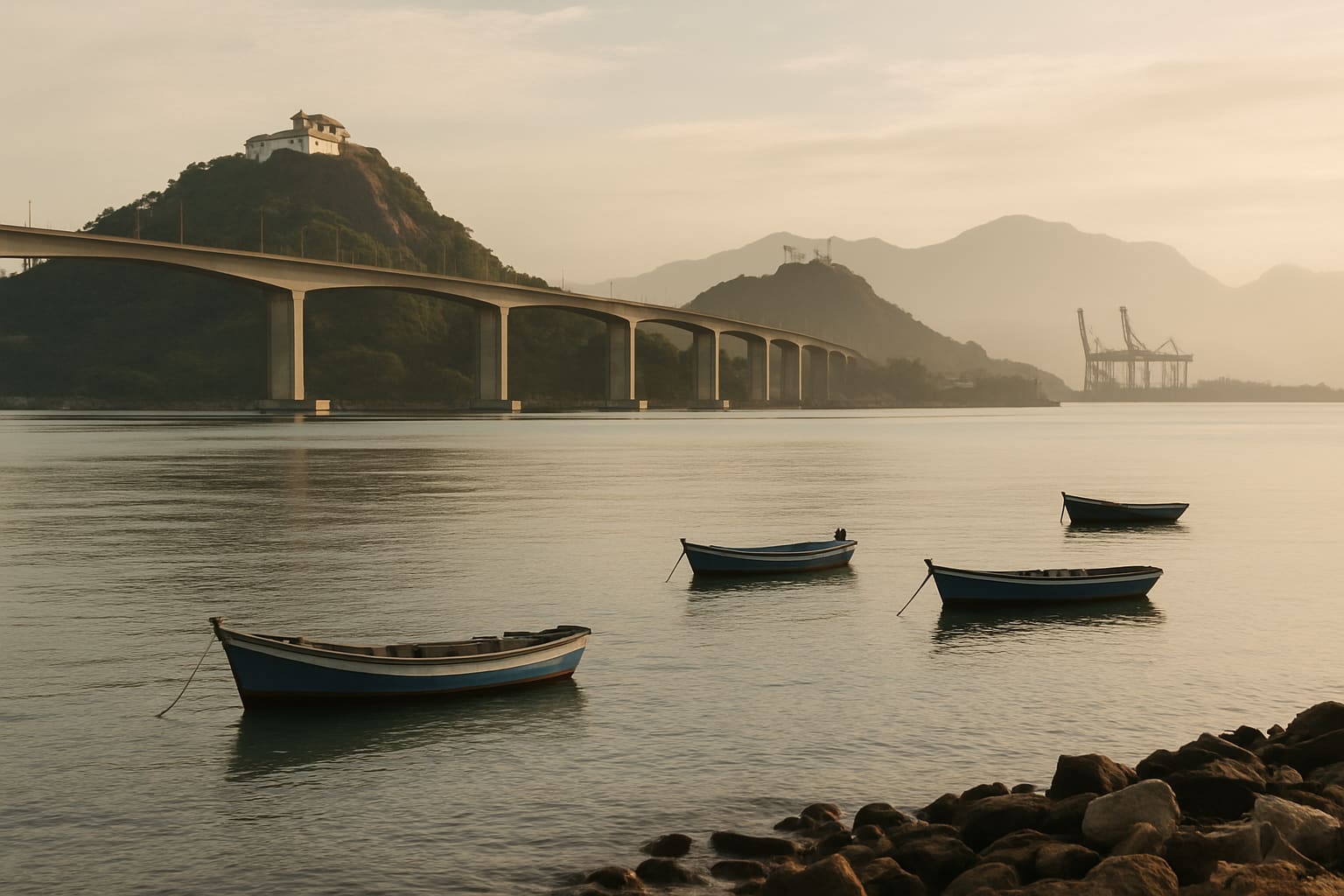 Vista panorâmica da baía de Vitória com a Terceira Ponte e o Convento da Penha ao fundo, simbolizando o Espírito Santo em movimento.
