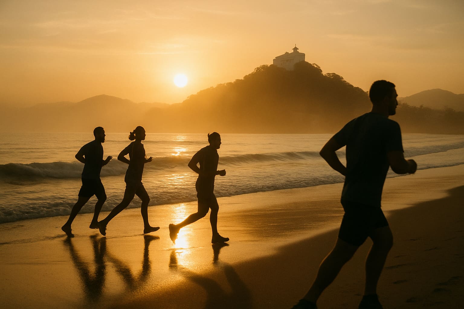 Amanhecer na orla de Camburi com corredores ao fundo e o Convento da Penha nas colinas de Vitória