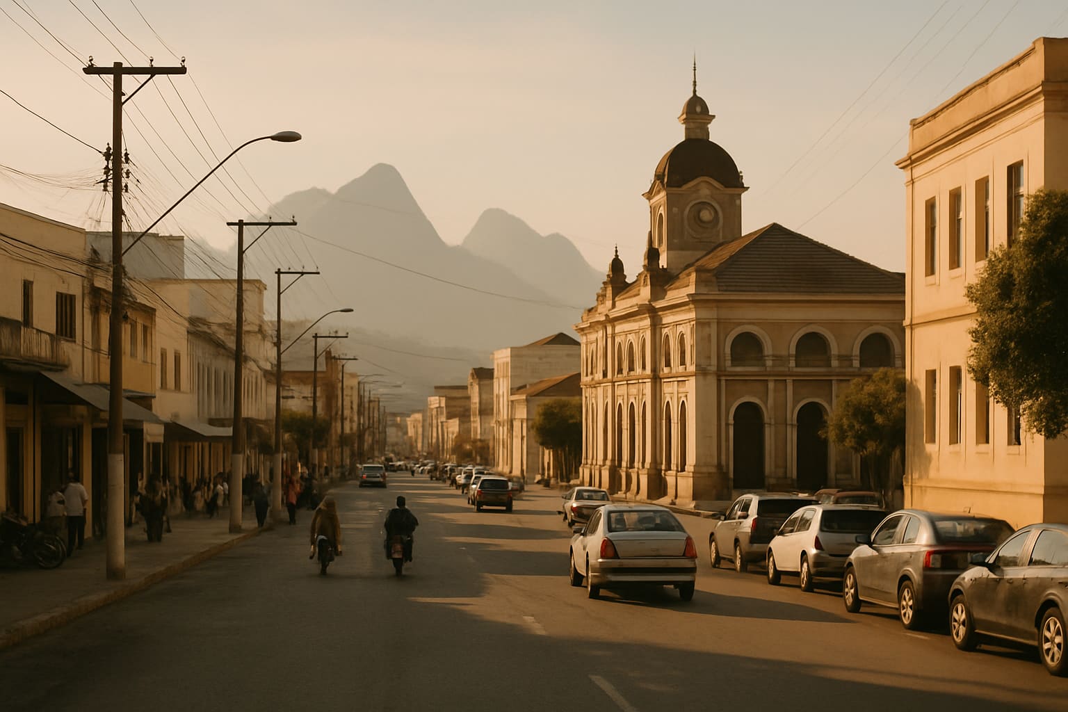 Vista de uma cidade do interior capixaba com arquitetura histórica e montanhas ao fundo, simbolizando o desenvolvimento municipal no Espírito Santo.