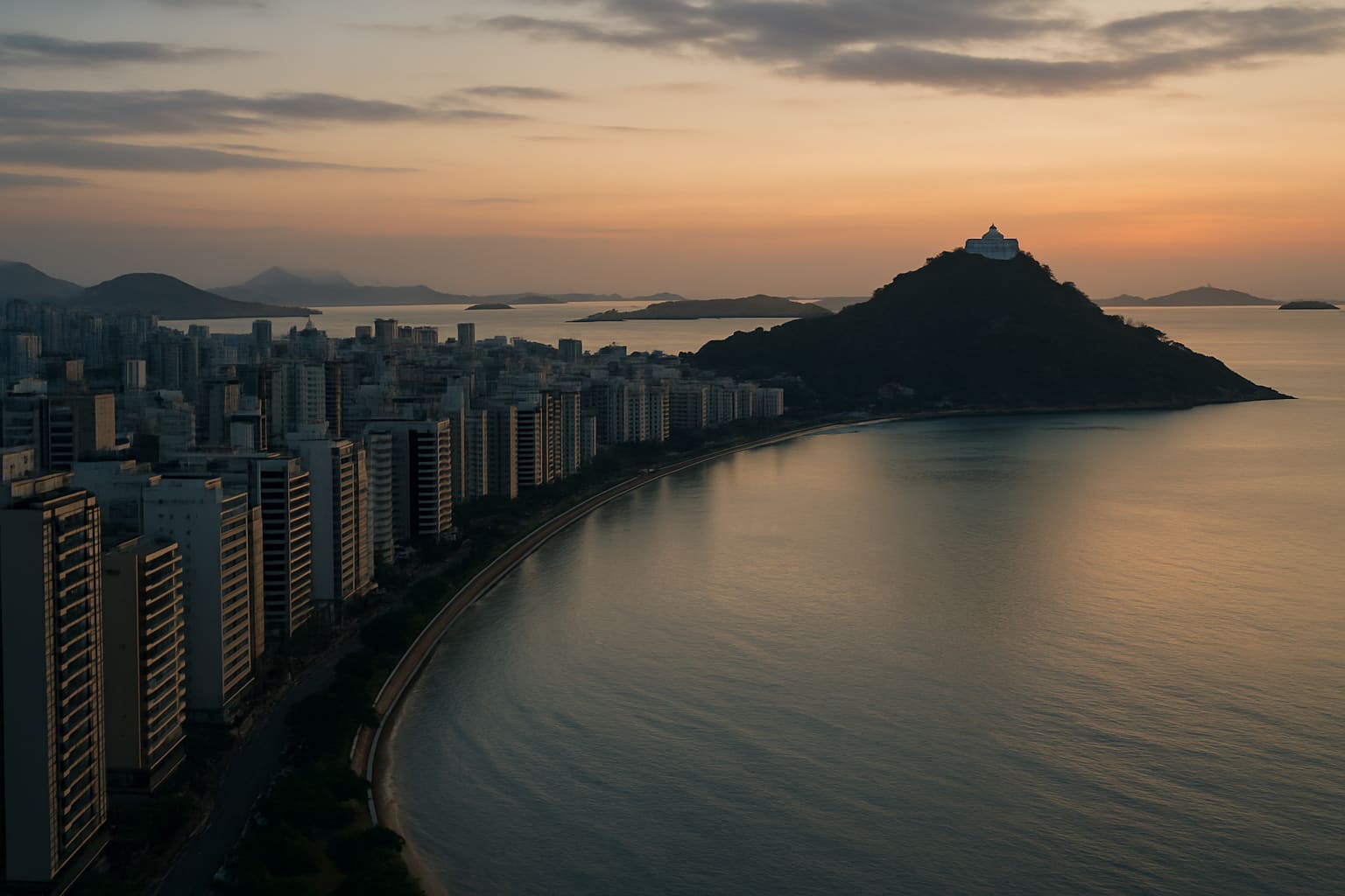 Vista aérea da orla de Vitória ao entardecer, com prédios residenciais densos e o Convento da Penha ao fundo.