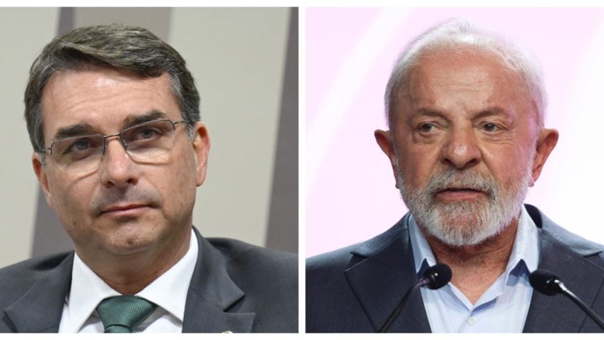 Fotomontagem com imagens do senador Flávio Bolsonaro e do presidente Lula