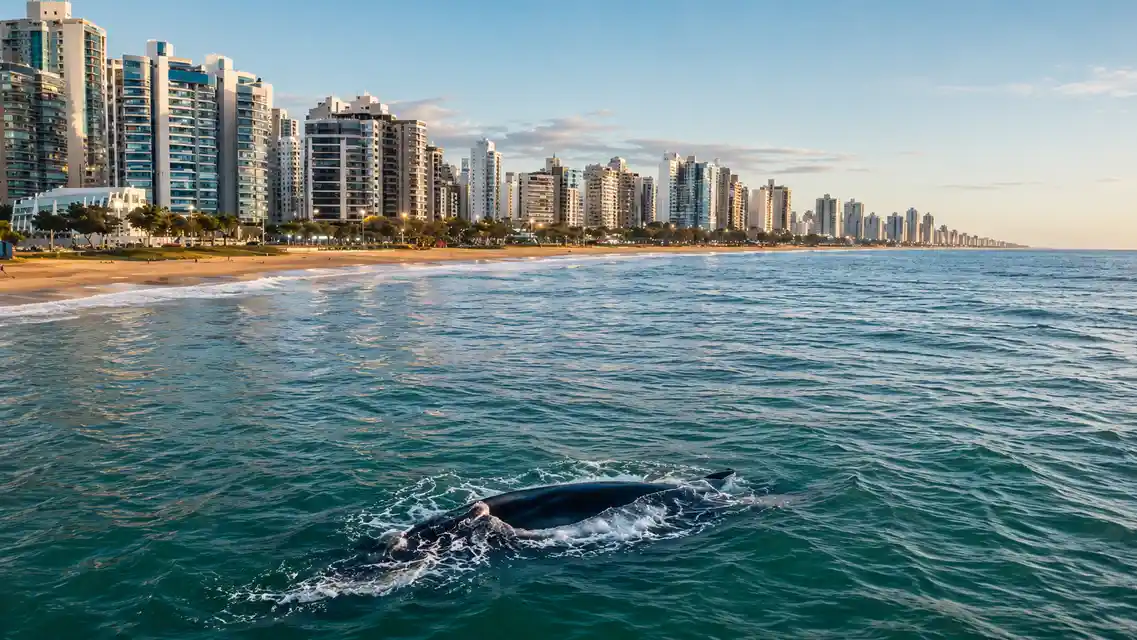 Baleias-francas avistadas no mar em frente à Praia de Itaparica, em Vila Velha