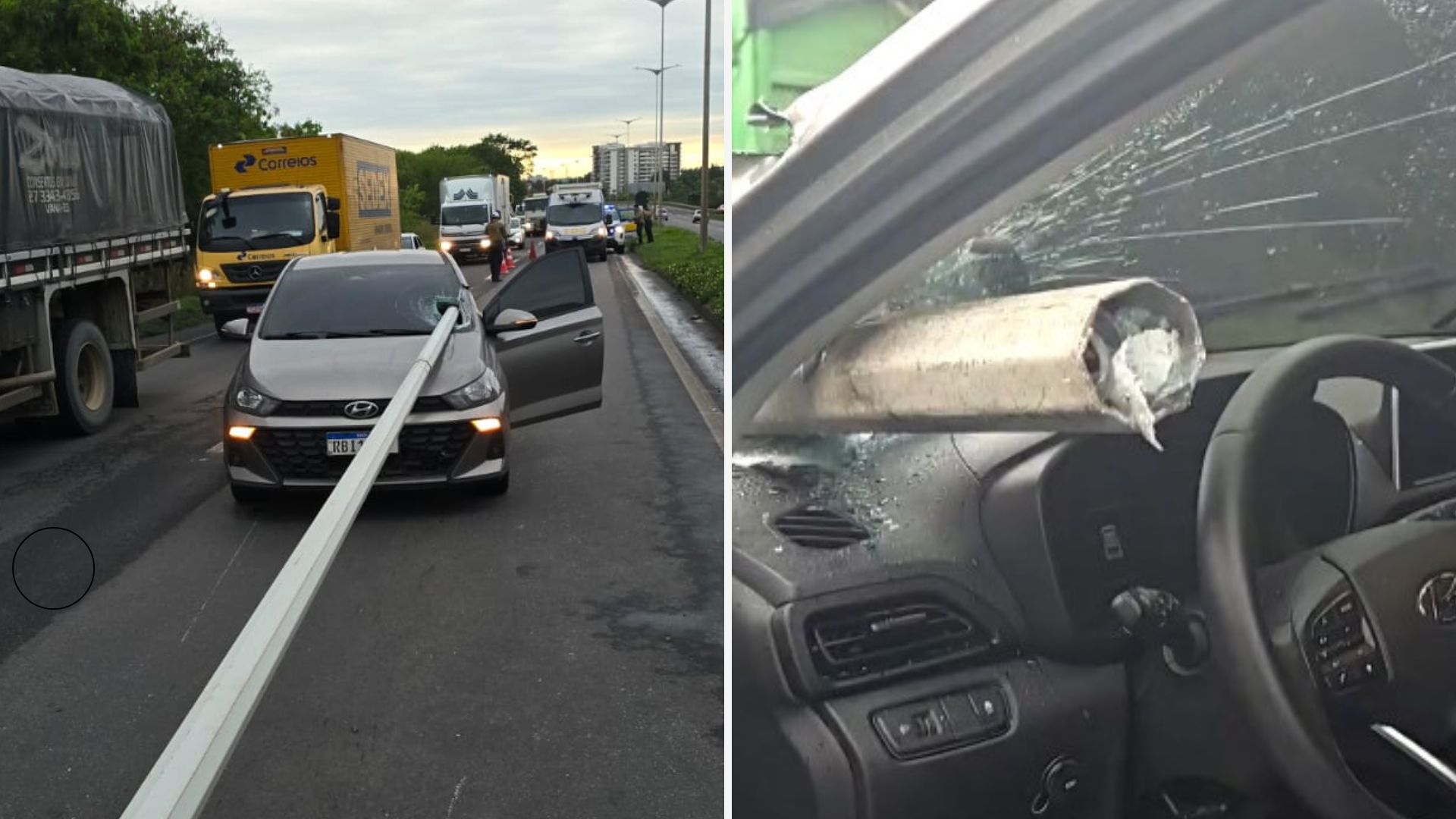 Poste cai sobre carro na Rodovia do Contorno, na Serra, e motorista escapa ileso