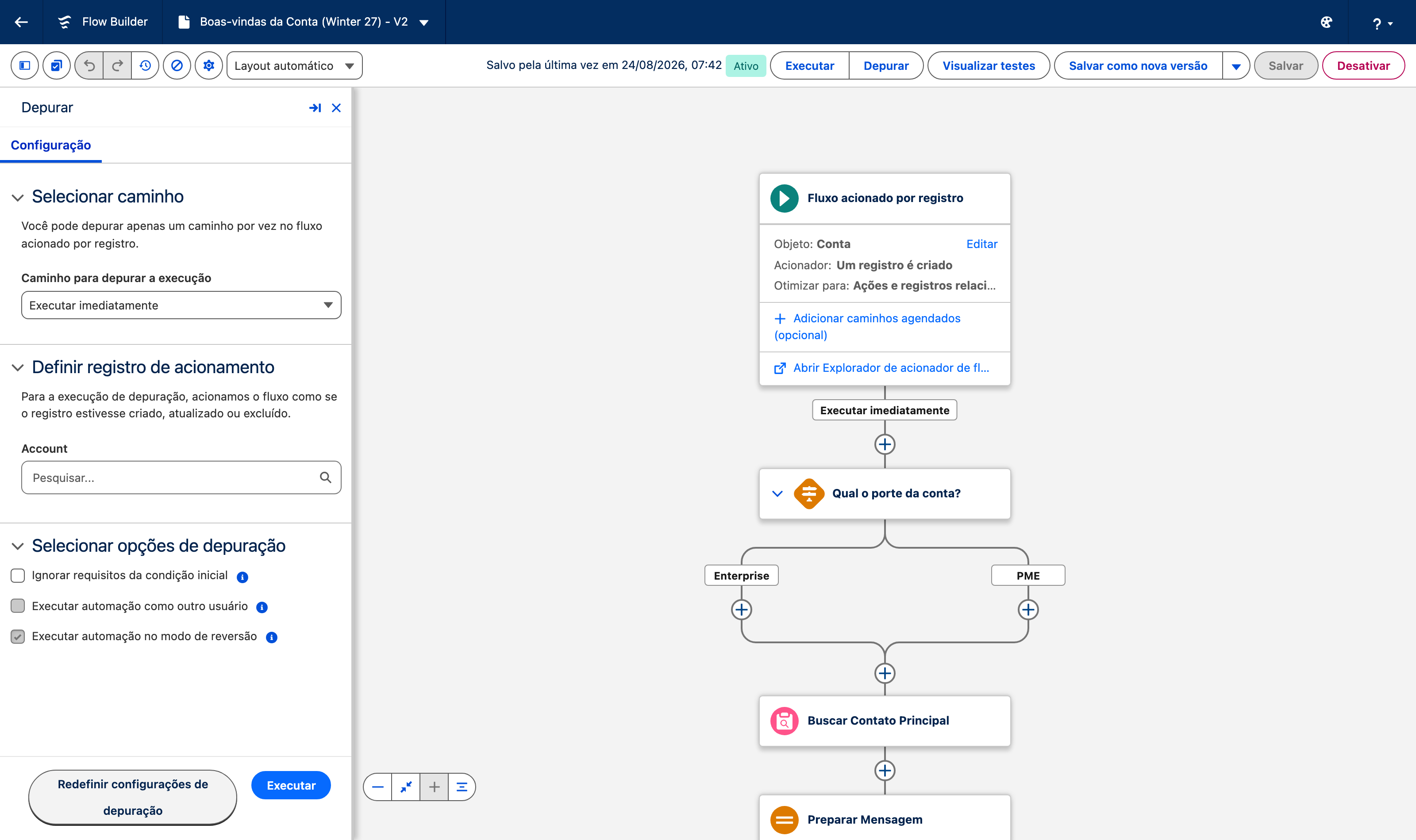Painel Depurar do Flow Builder em português com Definir registro de acionamento e opções de depuração