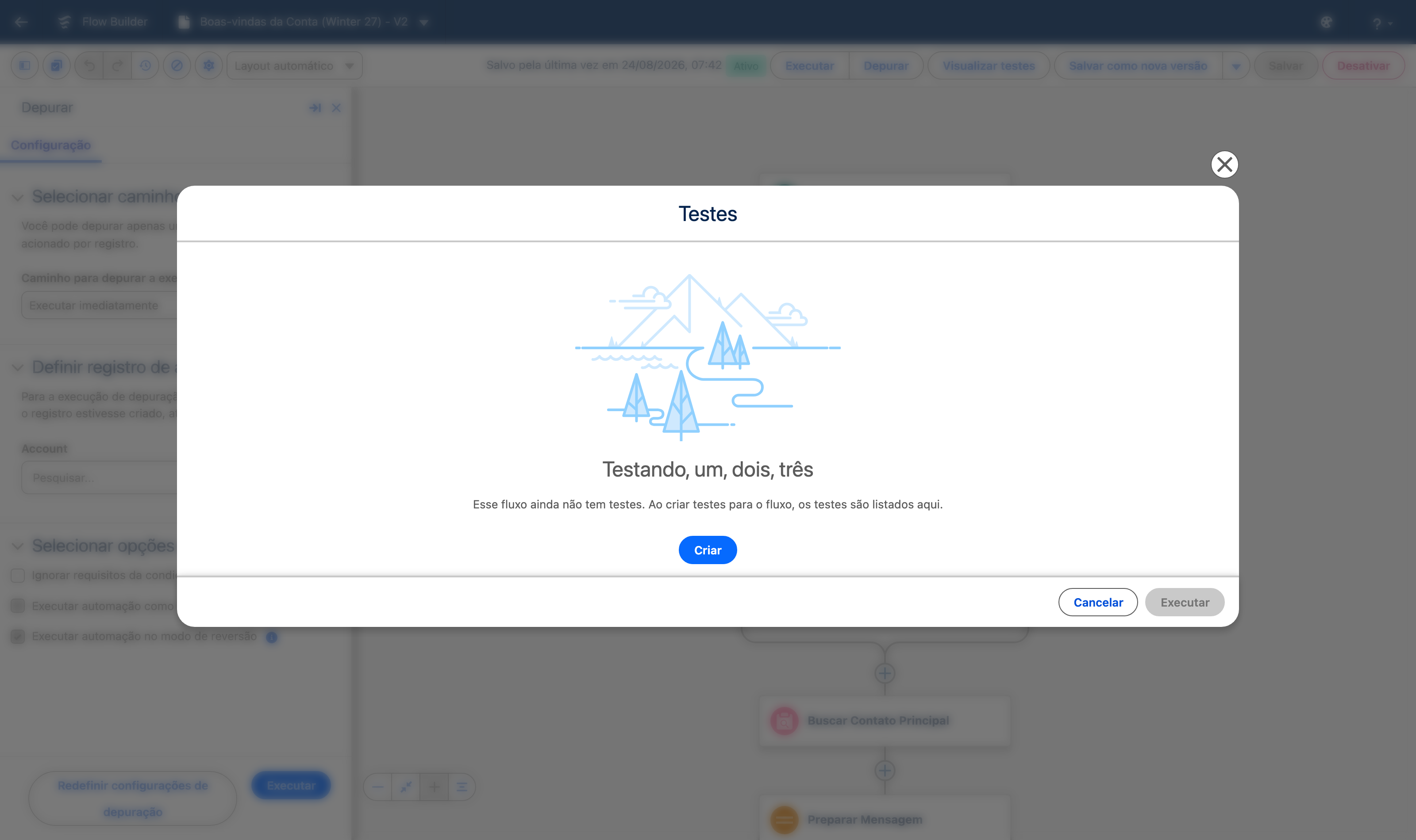 Modal Testes do Flow Builder em português, com estado vazio e botão Criar