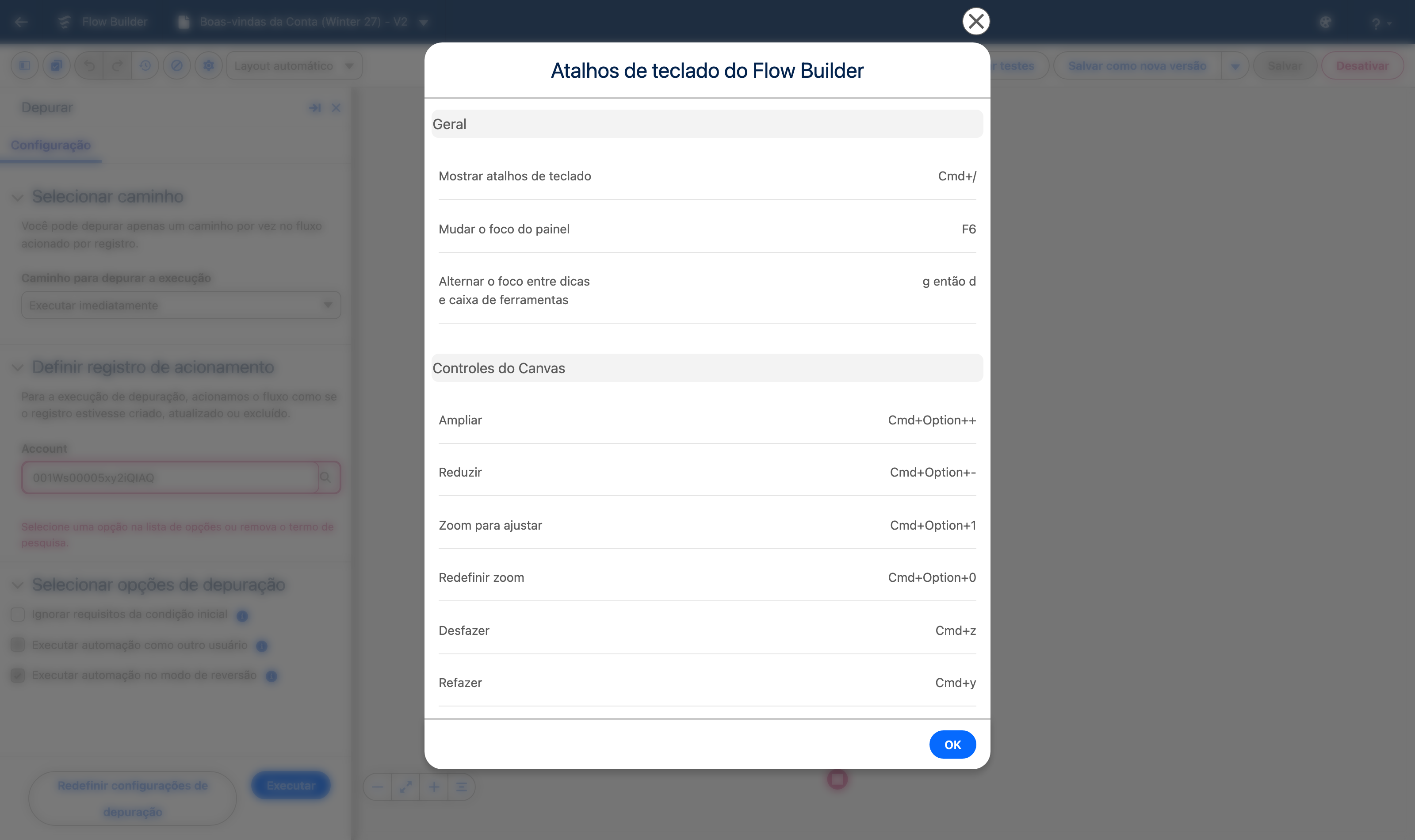 Print próprio: o modal de atalhos de teclado do Flow Builder em português, abert