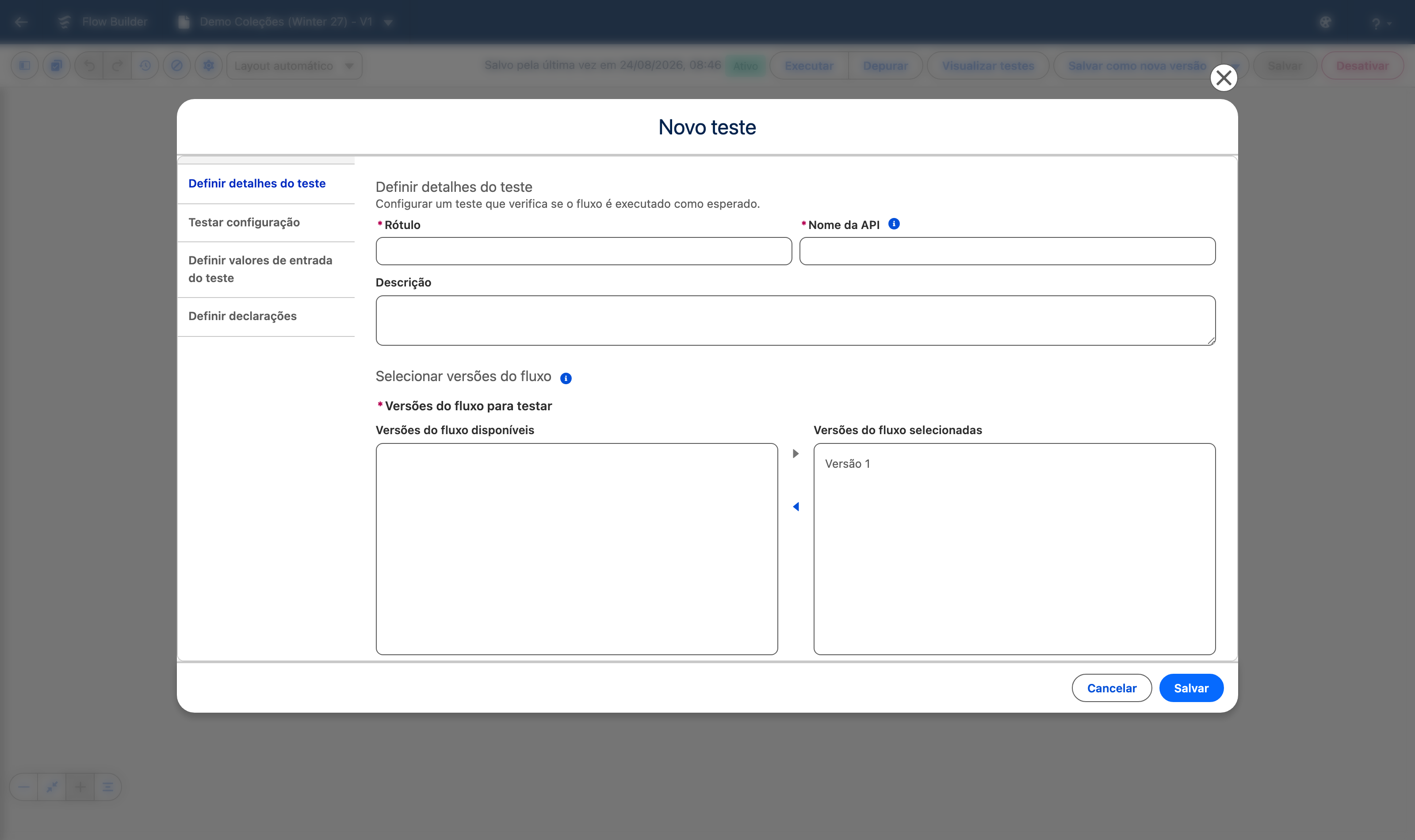 Print próprio: o assistente de teste do flow de coleções, com a etapa nova de va
