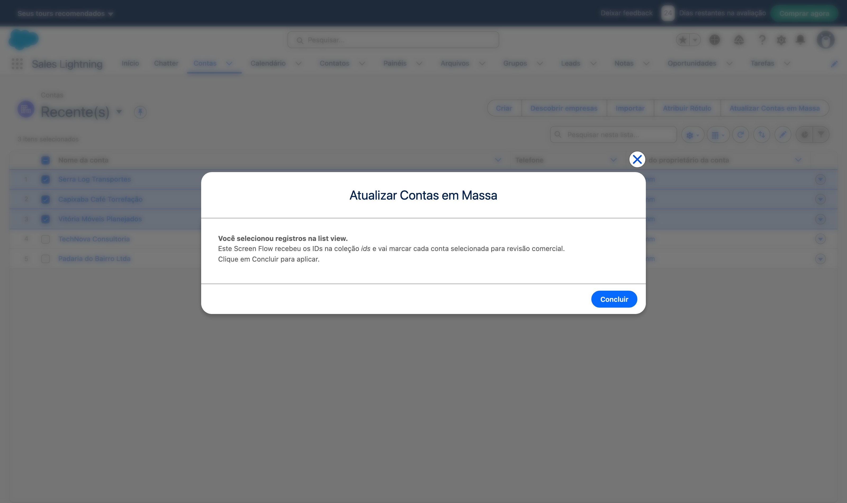 Modal do Screen Flow Atualizar Contas em Massa aberto sobre a list view, confirmando os IDs recebidos na coleção ids