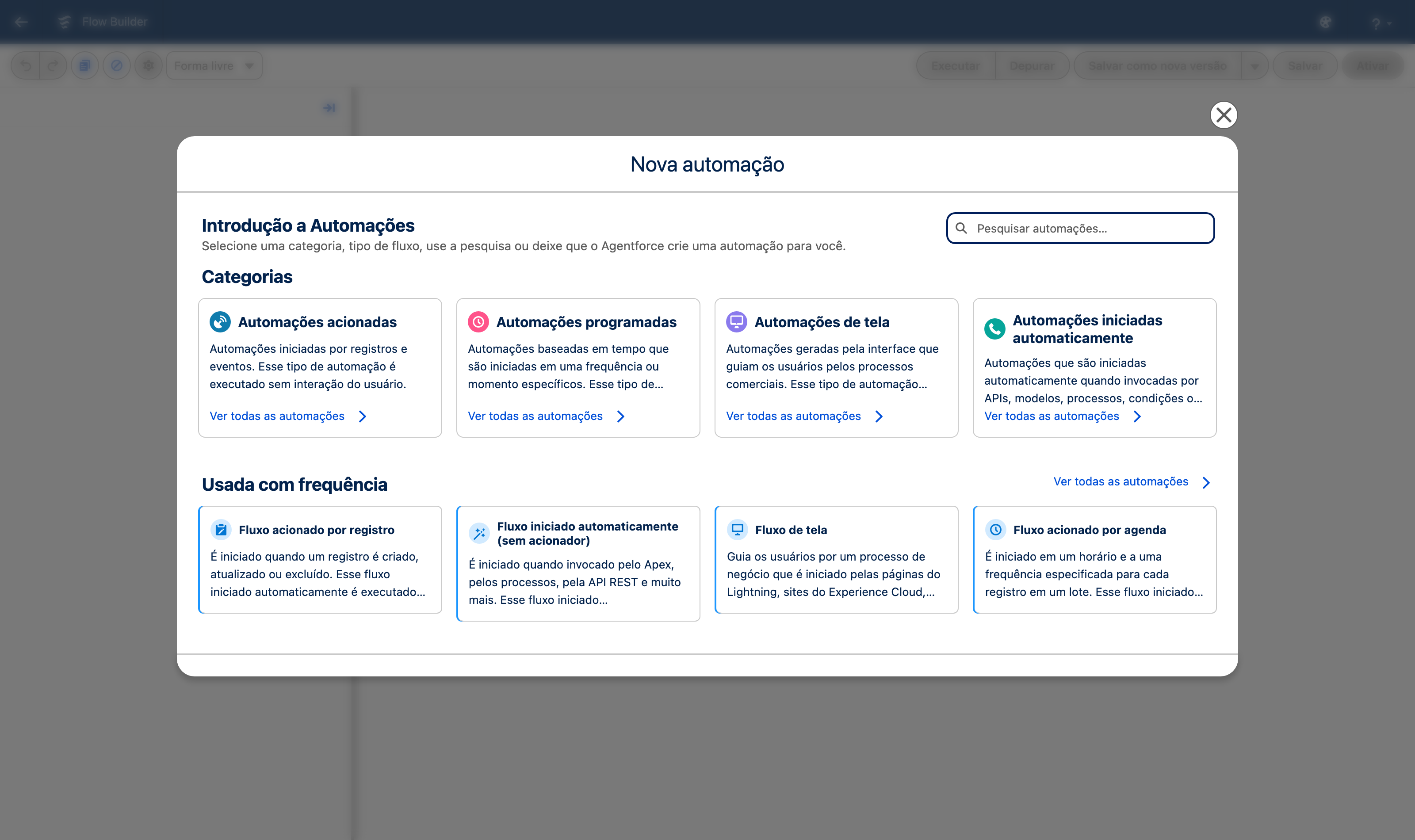 Print próprio: a janela Nova automação da preview org, em português, com categor