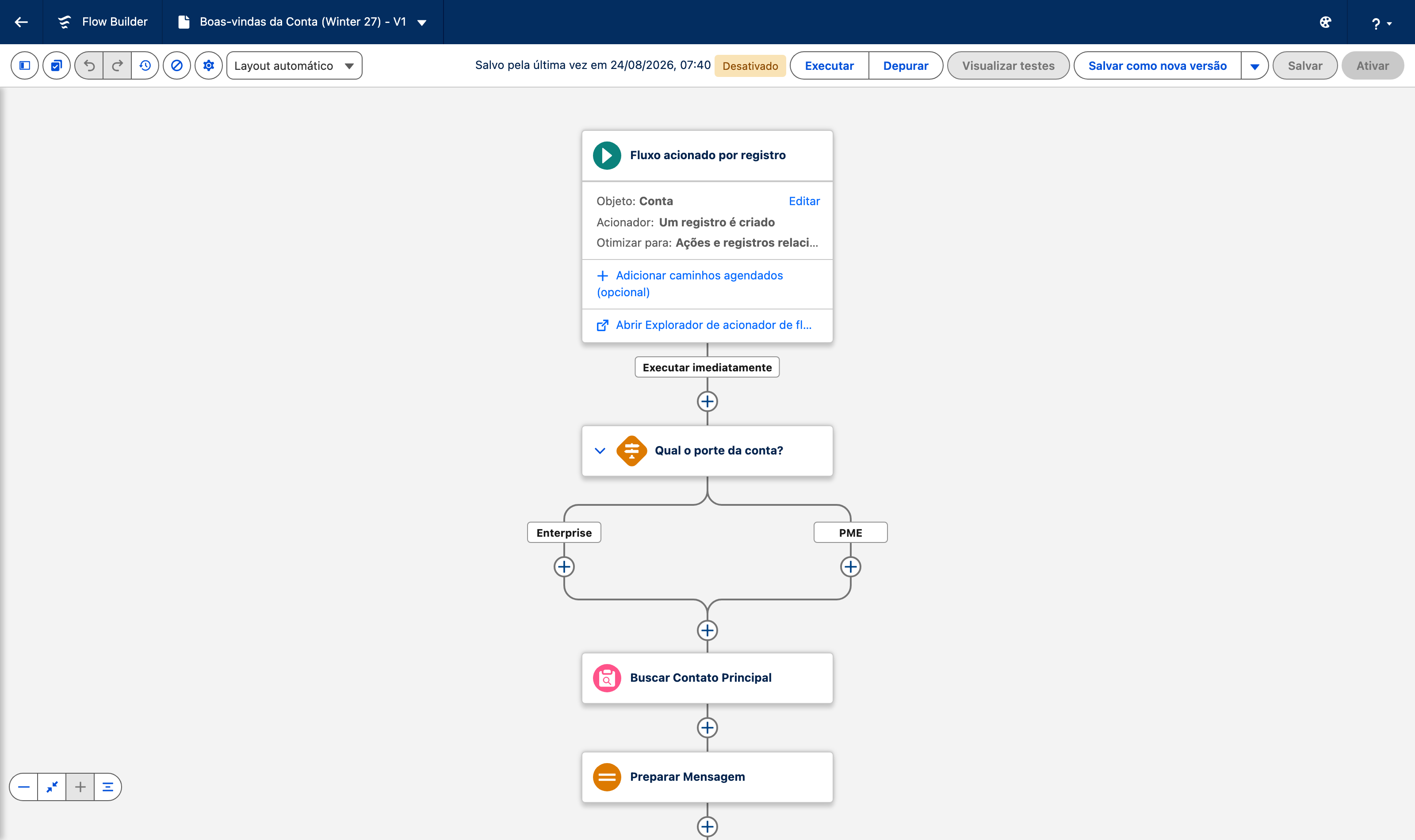 Flow de demonstração 'Boas-vindas da Conta' em português na preview org da Winter '27, com decisão Enterprise/PME em auto-layout