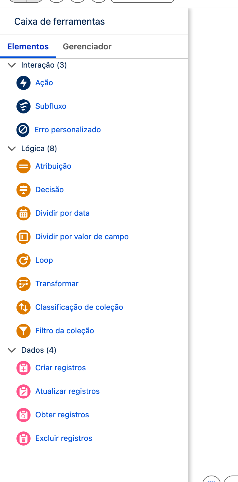 Caixa de ferramentas do Flow Builder em português mostrando os elementos Dividir por data e Dividir por valor de campo