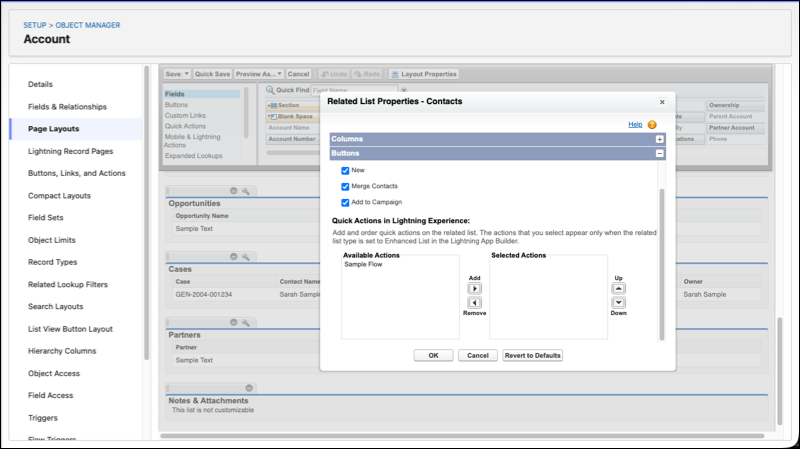 Configuração do flow quick action nas propriedades da related list, no layout de página
