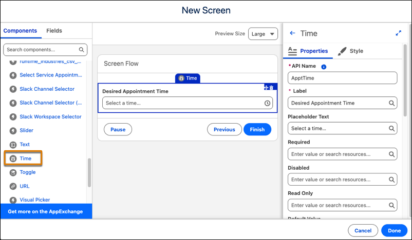 Novo componente de tela Time no Flow Builder, com propriedades de horário