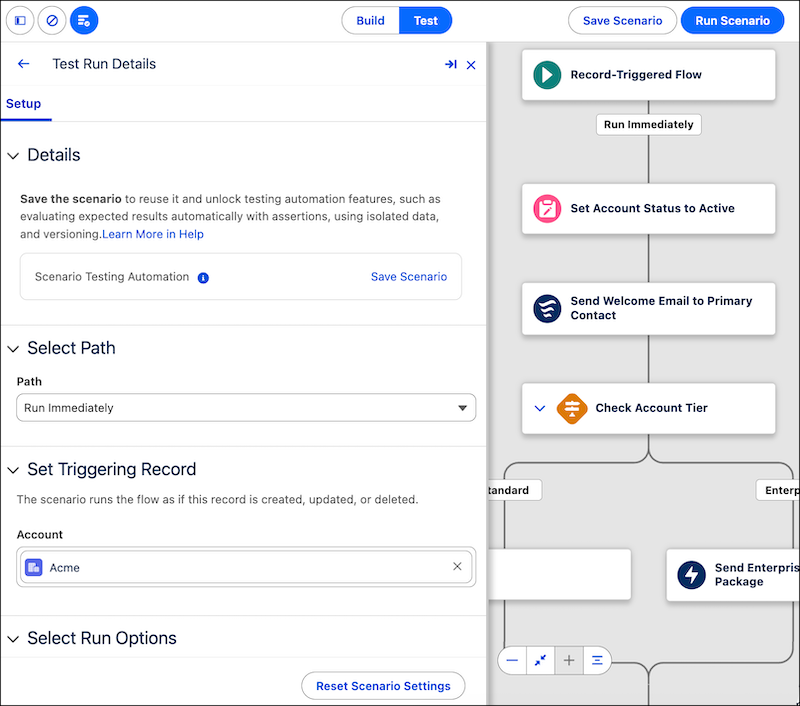 Flow Test Mode na Winter '27: painel Test Run Details com cenário, caminho e registro de disparo