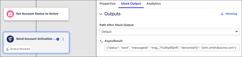 Painel Mock Output no Flow Builder
