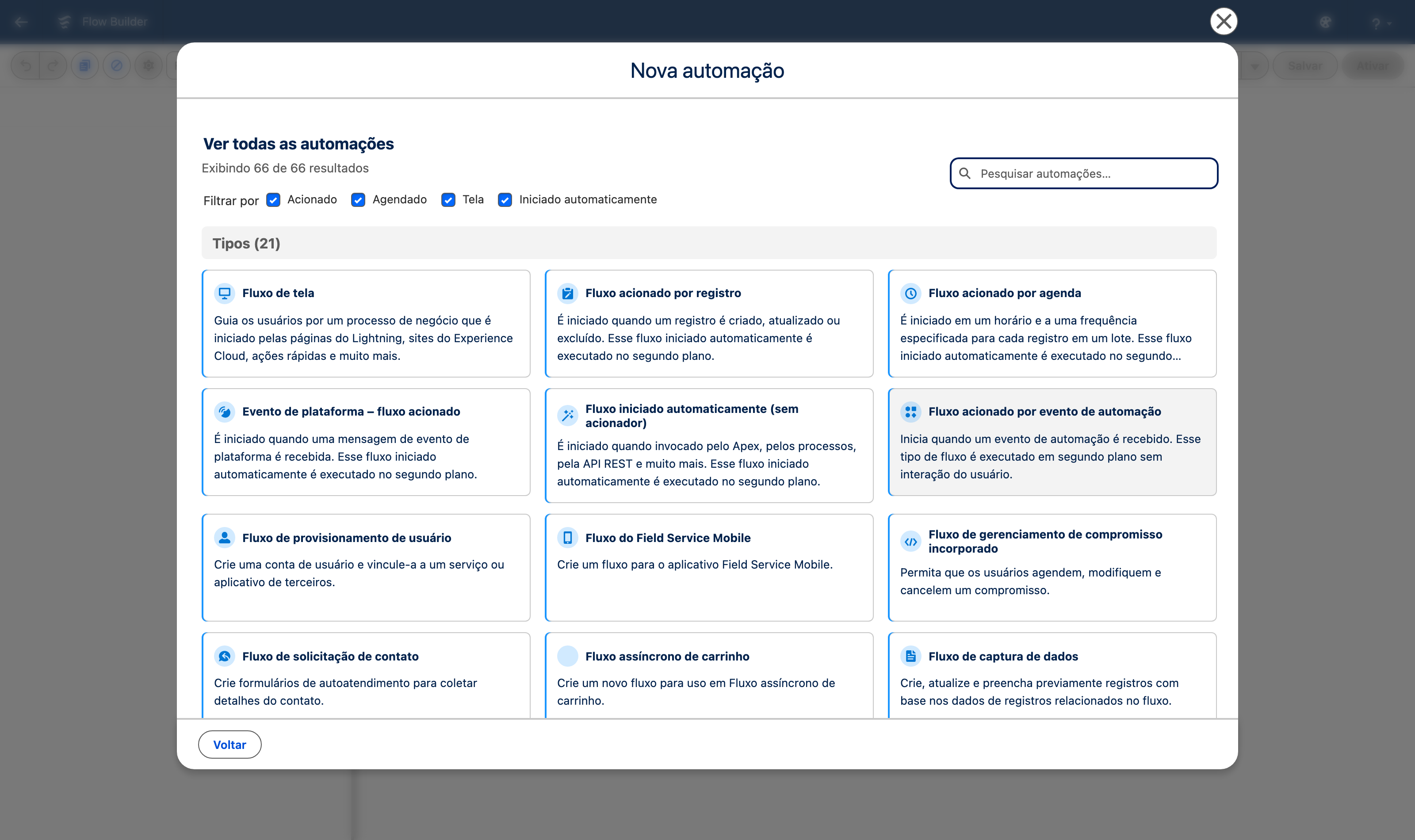 Print próprio: o catálogo Ver todas as automações da preview org, com 21 tipos e