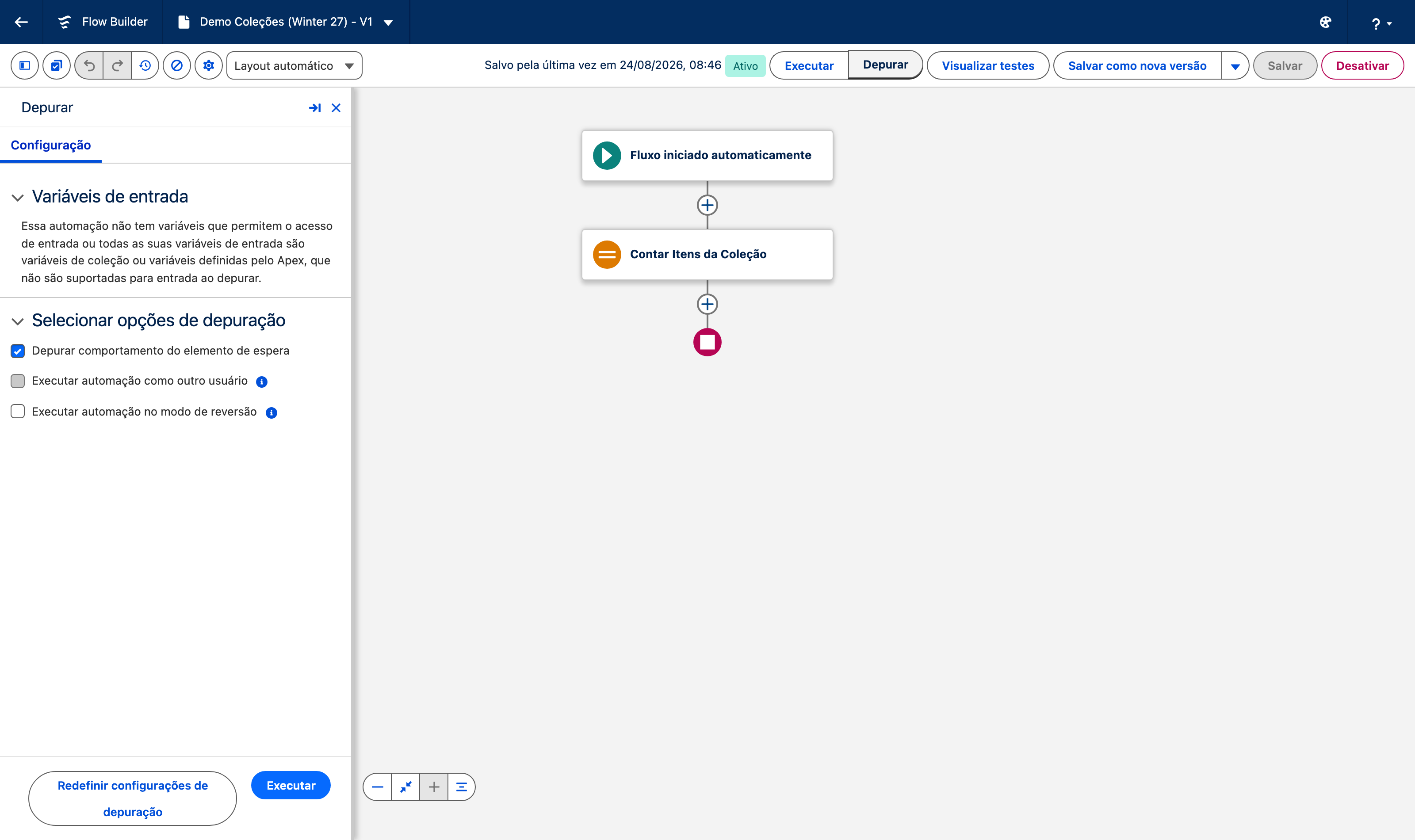 Painel Depurar do flow Demo Coleções em português, mostrando que o debugger clássico ainda não aceita coleções como entrada