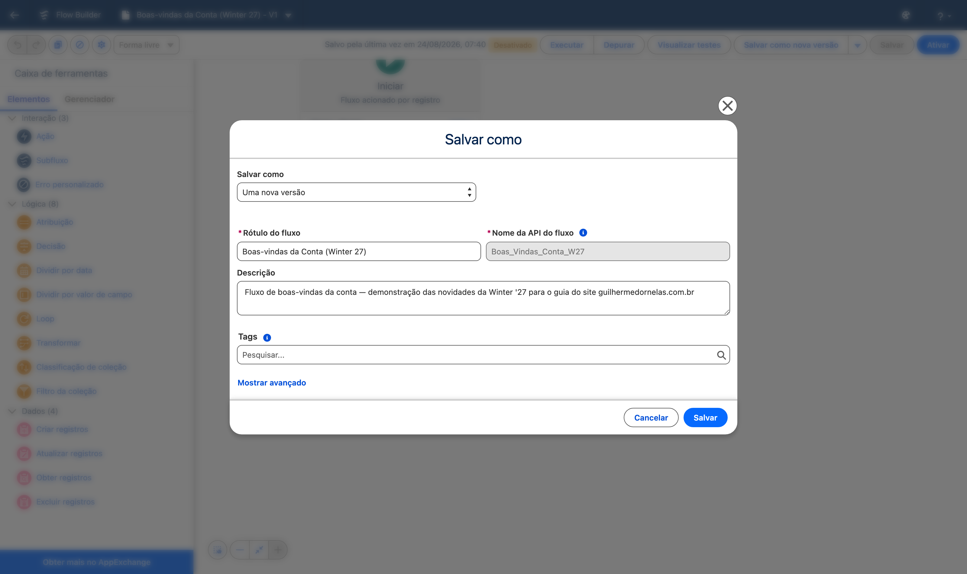 Dialog Salvar como do Flow Builder em português com o novo campo Tags